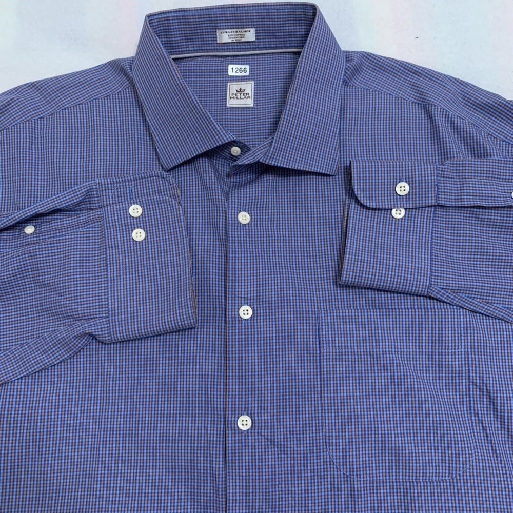 Peter Millar Men's XXL Blue Plaid Button Up Long Sleeve Cotton Dress Shirt